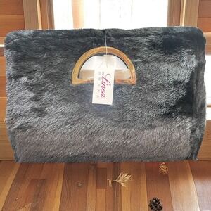 Linea Donna Black‎ Faux Fur Clutch Y2K Party Bag Gold Handle Statement Purse